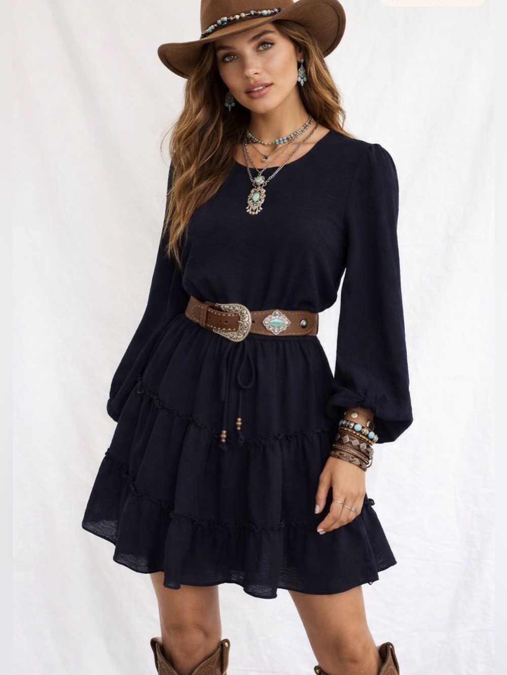City Triangles Women’s Tiered Dress With Balloon Sleeves in Navy Blue Sz M
